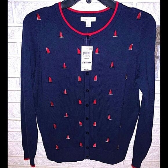 NWT⛵️Charter Club Navy Button Sweater Cardigan w/ embroidered ⛵️ sailboats Sz S - Picture 16 of 16